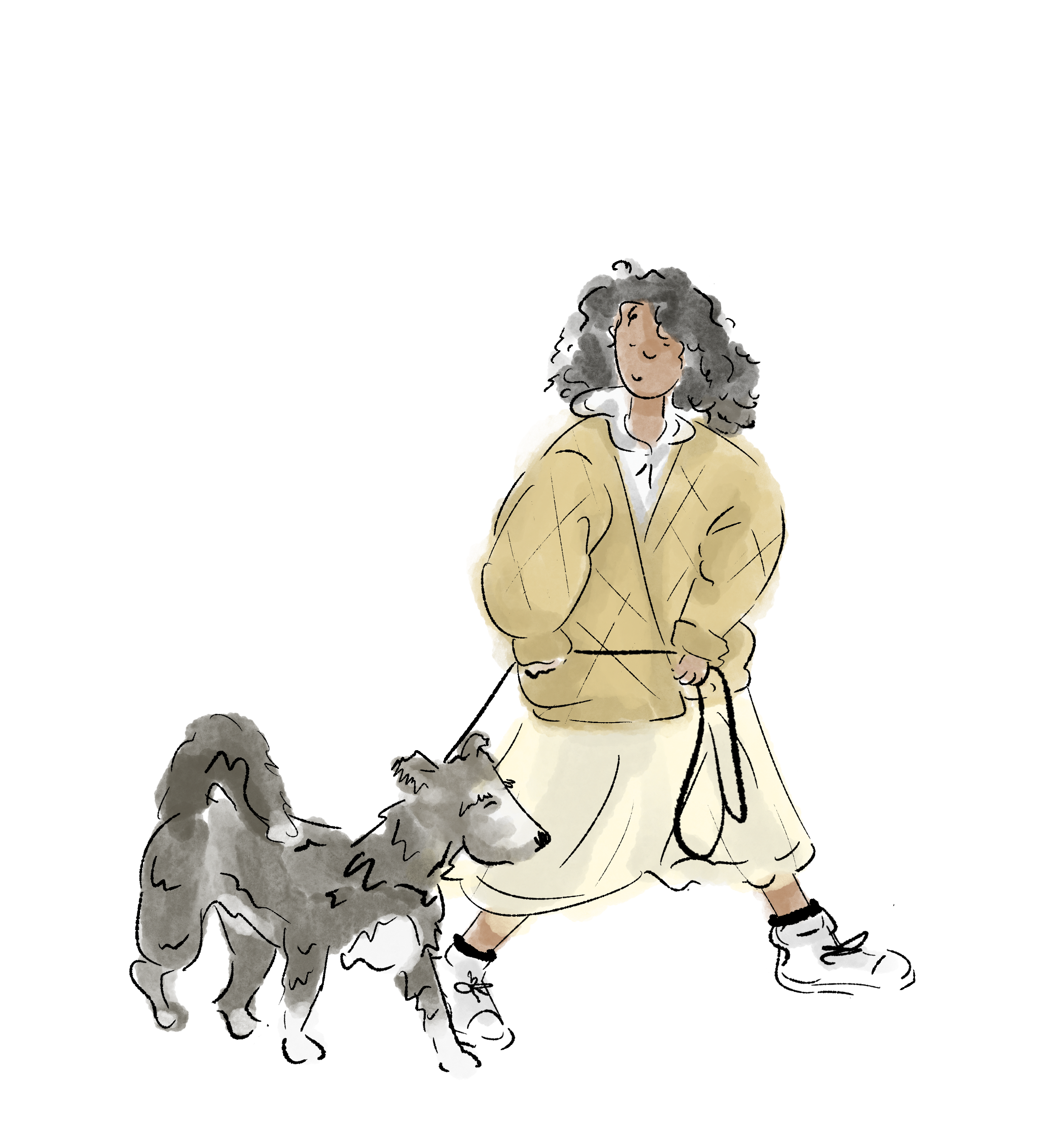 A stylish person walking a shaggy, chic dog