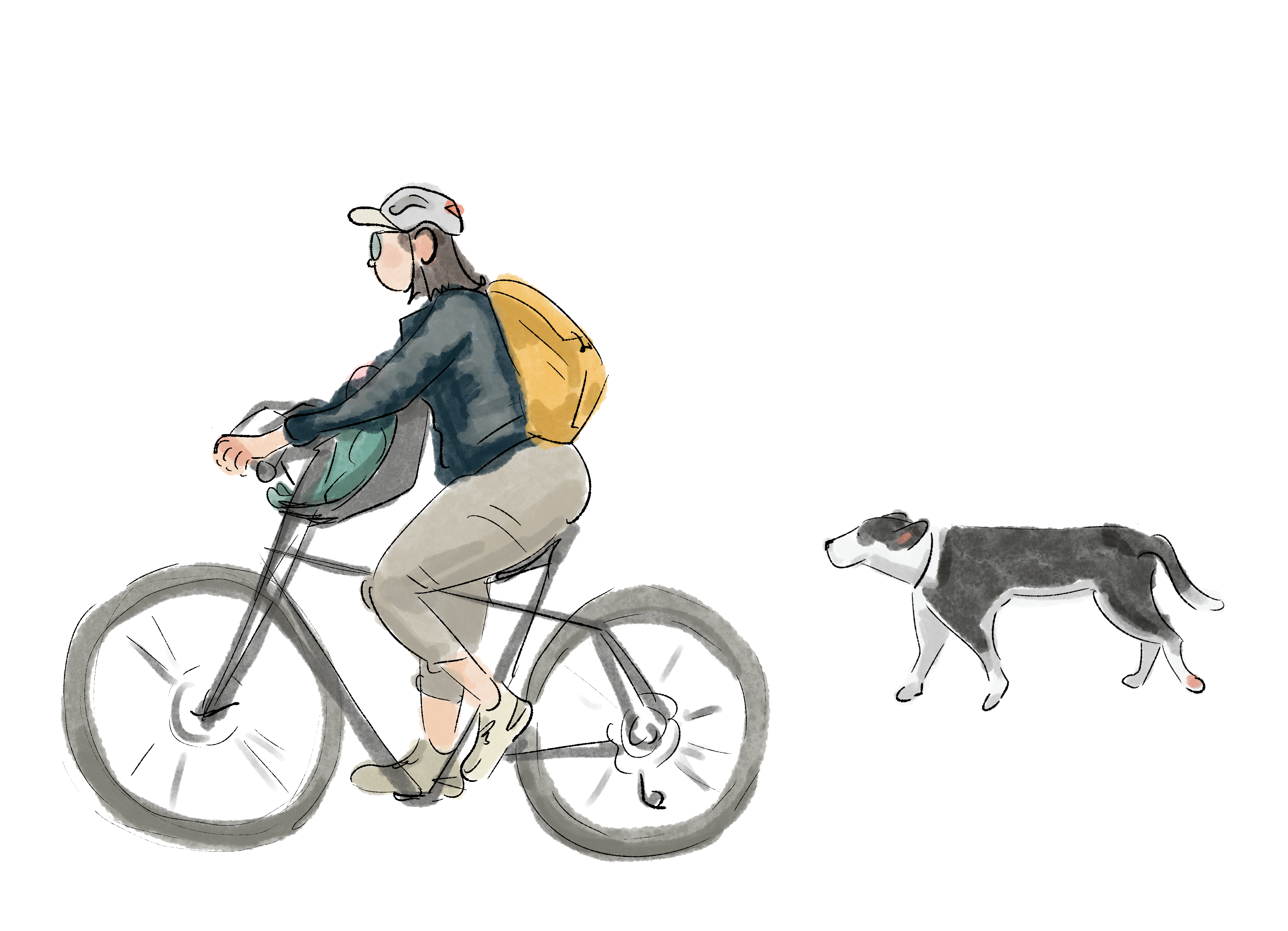 A mother on a bicycle with a baby carrier and a dog running alongside