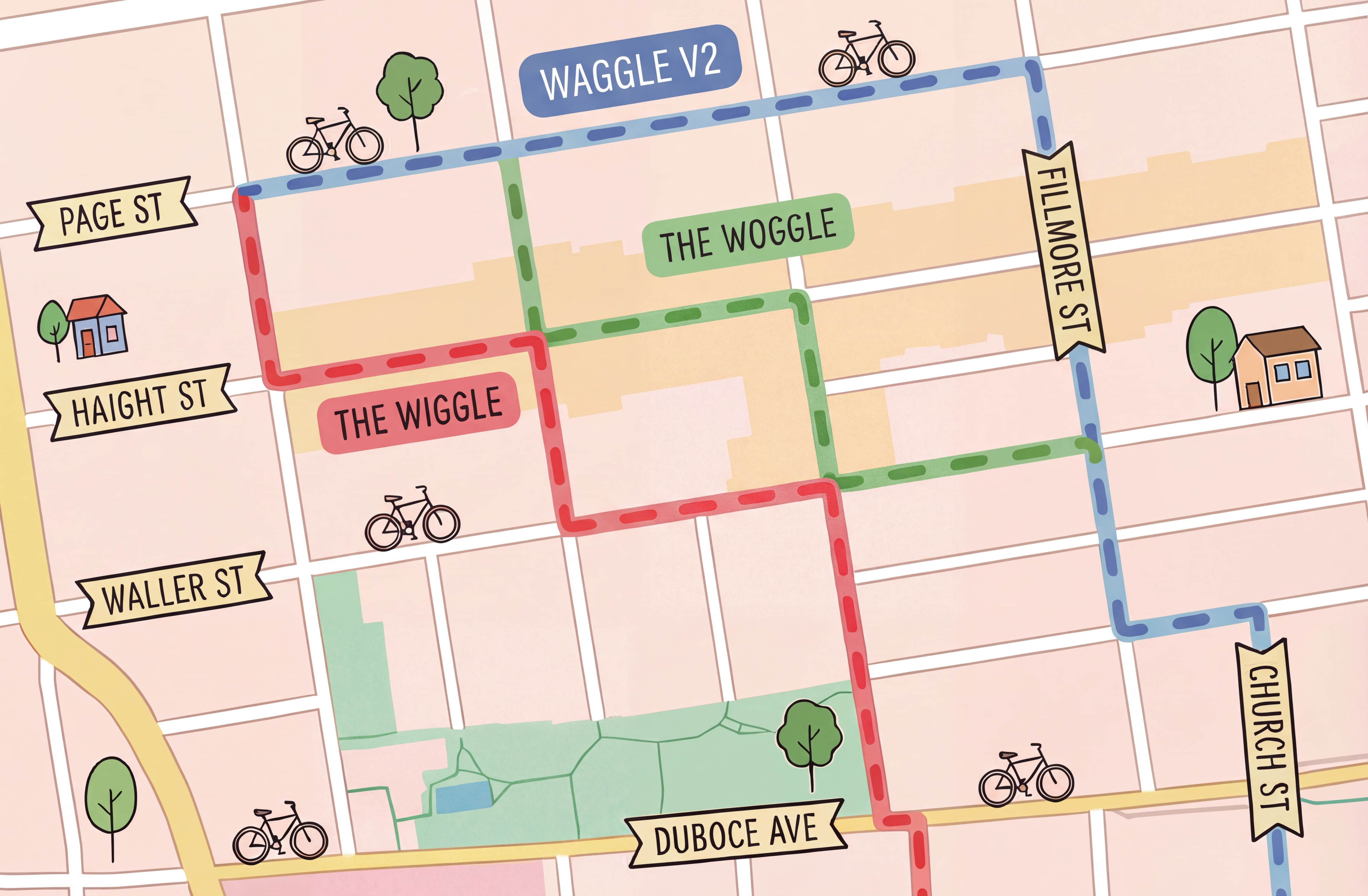 Map showing The Wiggle, The Waggle, and The Woggle bike routes through Lower Haight